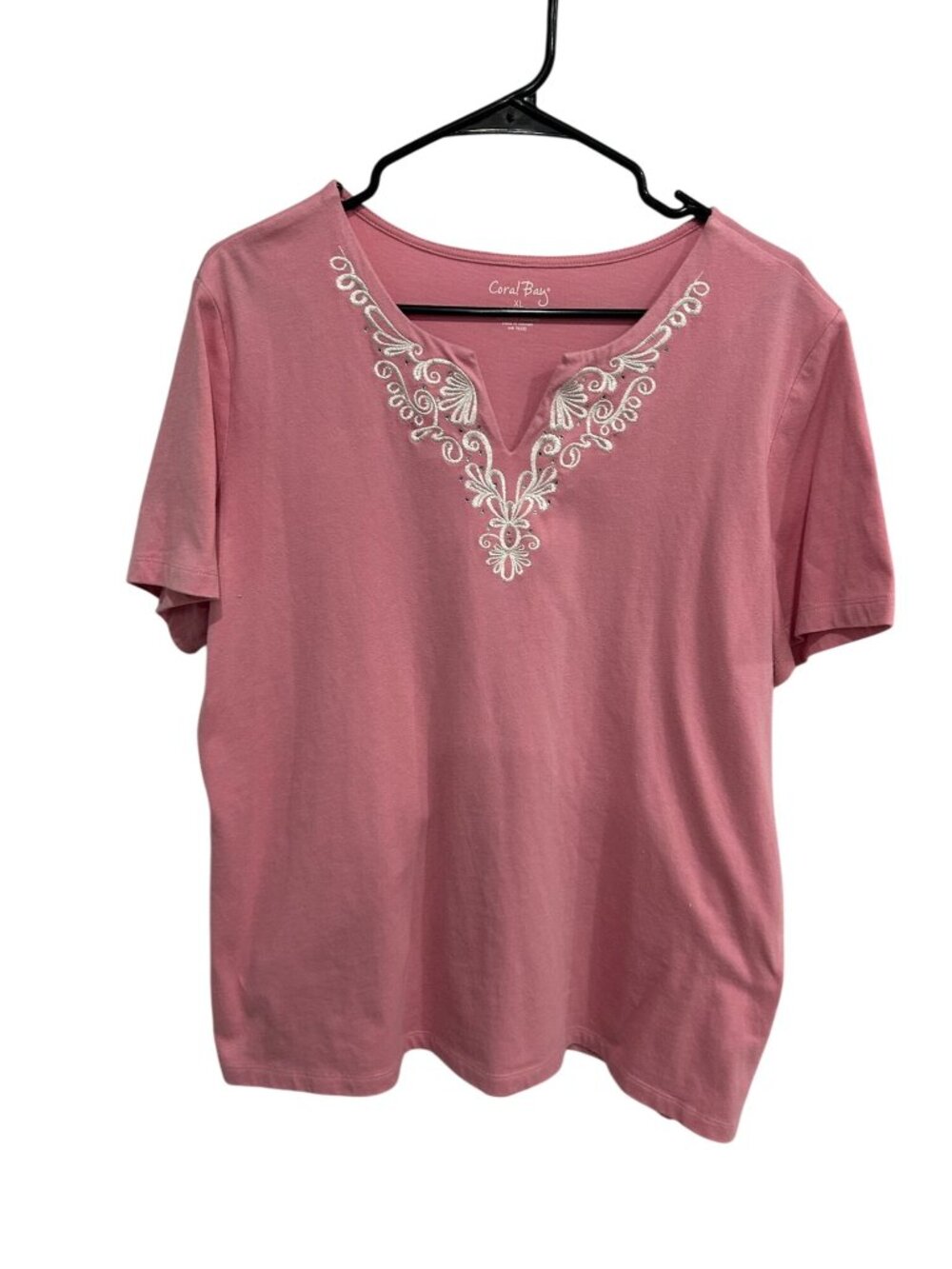 Coral Bay XL Pink Embroidered Split-Neck Top Cotton Blend Retro Gardencore